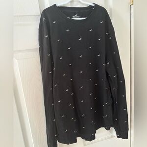 Hollister Black Crew Neck Long Sleeve Shirt with White Logo Pattern size Large